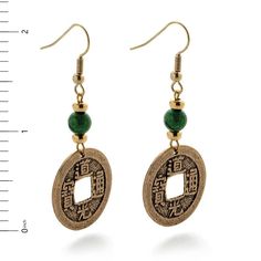 Handmade Traditional Jade Earrings, Traditional Handmade Jade Earrings, Traditional Coin Shaped Good Luck Jewelry, Traditional Jade Medallion Jewelry, Bohemian Round Jade Earrings, Traditional Jade Drop Earrings, Vintage Jade Round Earrings, Traditional Pierced Jade Earrings, Vintage Coin Pendant Earrings For Gift