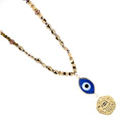 Good Luck Evil Eye and Hamsa Necklace, is a stunning fusion of cultural symbolism and elegant design. This captivating necklace is meticulously crafted, featuring a combination of gold-colored hematite stone beads, blue crystal beads, a sterling silver Hamsa pendant plated with 18k gold, and an 18k gold-plated evil eye glass pendant. At the heart of the necklace lies a sterling silver Hamsa pendant, plated with 18k gold. The Hamsa symbolizes protection and blessings in many cultures, serving as Bohemian Gold Beaded Necklace With Gemstone Beads, Artisan Gold Necklace With Beaded Chain, Bohemian Gold Beaded Necklaces With Gemstone Beads, Bohemian Gold Beaded Necklace With Gemstones, Symbolic Beaded Necklaces For Gifts, Symbolic Beaded Necklace For Gift, Symbolic Beaded Jewelry For Festivals, Symbolic Beaded Necklace Gift, Symbolic Handmade Round Beads Necklace