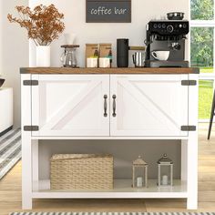 a coffee bar with white cabinets and drawers