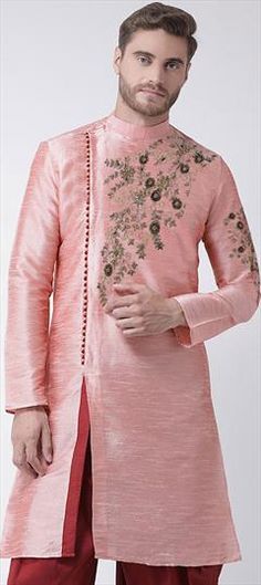 Pink and Majenta color Kurta in Dupion Silk fabric with Embroidered work Cheap Pink Art Silk Traditional Wear, Luxury Dola Silk Unstitched Wedding Suit, Party Wear Kurta, Silk Kurta, Dupion Silk, Color Art, Thread Work, Wear Pink, Silk Fabric