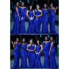 four women in blue dresses posing for the camera with their arms around each other and smiling