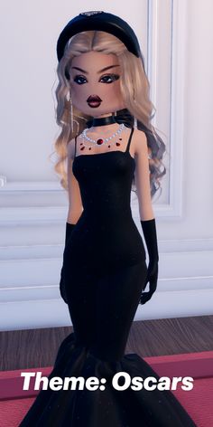 an animated doll wearing a black dress and hat with pearls on her neck, standing in front of a white wall