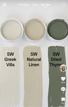 four different shades of paint with the words sw, greek, natural, and linen