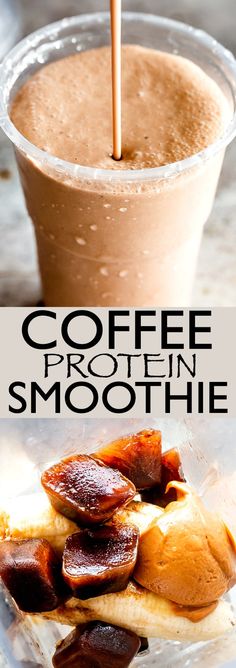 coffee protein smoothie in a plastic cup with straw