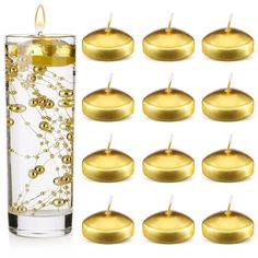 PRICES MAY VARY. Package includes: you will receive 12 pieces unscented floating candles, sufficient quantity for you to meet your daily use and replacement requirements, you can also share with your friends and family to use them in many occasions such as weddings, parties and dating. Gold pearl string is not included. Reliable material: these small floating candles are made of quality wax material, reliable and convenient to use, not easy to break or deform, which can be applied for a long tim Gold Floating Candles, Floating Pool Candles, Candles For Wedding, Floating Centerpieces, Dinner Home, 50th Wedding Anniversary Party, 50th Anniversary Party, Gold Party Decorations, Anniversary Decorations