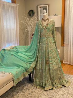 Pakistani Bridal Dress Elan Inspired Garden of Evening Mist | Etsy Green Wedding Dress Pakistani, Sage Green Pakistani Bridal Dress, Light Green Walima Dress, Mint Pakistani Outfit, Gown Pakistani, Mint Green Pakistani Bridal Dress, Bollywood Bridal, Pakistani Bridal Dress, Designer Anarkali