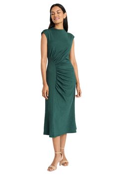 Sophisticated elegance is Gayle, a midi dress that redefines modern femininity. The high neckline and cap sleeves offer a polished look, while the strategically placed ruching creates a flattering silhouette. Perfect for impressing at important business meetings, delivering keynote speeches, or transitioning seamlessly to upscale dinner engagements where you need to command attention with grace. Formal High Neck Ruched Midi Dress, Formal Midi Dress With Gathered Neckline, Formal Sleeveless Midi Dress With Gathered Neckline, Green Midi Dress With Ruched Bodice For Evening, Green Ruched Bodice Midi Dress For Evening, Green Midi Dress With Ruched Fitted Bodice, Green Ruched Midi Dress With Fitted Bodice, Formal Midi Dress With Gathered Neckline And Fitted Bodice, Elegant Ruched High Neck Midi Dress