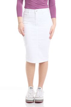 The Esteez Miami white denim skirt is a classic, tznius below the knee jean skirt that features a soft, stretch denim in conjunction with two sewn in concealed panels, one for tummy control, while the other gives a 'lift, slim and shape' to create a complimenting silhouette. With front pockets that can fit most smartphones, this skirt is an essential for your casual wardrobe. Available in sizes 0 to plus size 18 Butter denim jean skirt Very stretchy, soft fabric One-button closure Tummy control White Denim Skirt, Denim Jean Skirt, Jean Skirt, Denim Jean, White Skirts, White Denim, Casual Wardrobe, Skirt Length, Stretch Denim