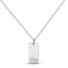 Make this beautiful name dog tag necklace your own. Set in chic 14K white gold, the pendant sparkles with brilliant round diamonds and can be personalized with your name. The pendant hangs from an 18-inch rope chain that secures with a spring ring clasp. Elegant Silver Name Necklace With Engraving Option, Elegant Dog Tag Necklace For Personalized Gift, Silver Necklace With Name On Rectangular Pendant, Engraved White Gold Necklace For Father's Day, Engraved White Gold Necklace, Engraved White Gold Necklace With Rectangular Pendant, Elegant Dog Tag Necklace For Anniversary, White Gold Engraved Necklace With Rectangular Pendant, Engraved White Gold Dog Tag Necklace