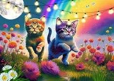 two cats are running in front of a full moon and flowers with lights strung above them