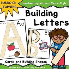 two posters with the words building letters and an image of a boy holding a pencil