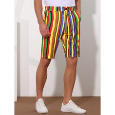 Striped shorts are a fashionable and playful piece of clothing if you want to try a unique pattern. Rainbow striped shorts are perfect for wearing in summer to create a charming image. Pair contrasting striped shorts with a rainbow-striped shirt for a casual look. Rainbow-striped shorts are suitable for daily wear, sports, parties, vacations, etc. Playful Short Swim Trunks For Spring, Casual Vertical Stripes Shorts For Spring, Spring Casual Shorts With Vertical Stripes, Striped Cotton Swim Trunks For Summer, Striped Shorts For Summer, Playful Striped Summer Shorts, Playful Striped Shorts For Summer, Striped Cotton Swim Trunks For Spring, Spring Striped Cotton Swim Trunks