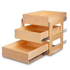 two wooden drawers stacked on top of each other with one drawer open and the other closed