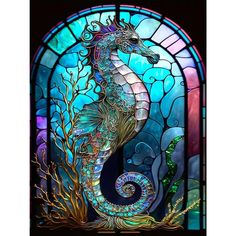 a stained glass window with a sea horse on it