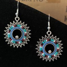 Southwest Style Silver Setting With Beads & Crystal On 925 Sterling Silver Wires Southwestern Sterling Silver Beaded Jewelry, Bohemian Blue Earrings With Polished Beads, Blue Bohemian Earrings With Polished Beads, Silver Earrings With Colorful Beads, Adjustable Silver Earrings With Colorful Beads, Silver Sterling Beaded Earrings With Colorful Beads, Nickel Free Sterling Silver Beaded Earrings, Silver Beaded Earrings With Colorful Beads For Festival, Nickel-free Round Sterling Silver Beaded Earrings