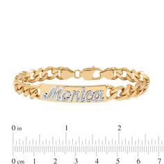 Complement your favorite casual attire with this glistening personalized identification bracelet. Fashioned in sterling silver and 14K gold plate, this shimmering look features the name of your choice - from three to eight characters in length - sculpted in a textured script font in silver atop a gold-plated center plaque. Buffed to a brilliant luster, this 7.0-inch curb chain bracelet secures with a lobster clasp. Personalized Gold Sterling Silver Bracelets, Gold Sterling Silver Bracelet With Custom Name, Personalized Sterling Silver Gold Bracelet, Customizable Gold Name Bracelet In Sterling Silver, Customizable Gold Colored Sterling Silver Name Bracelet, Personalized Gold Sterling Silver Name Bracelet, Customizable Gold Sterling Silver Bracelet, Customizable Gold Sterling Silver Bracelets, Personalized Nameplate Chain Bracelet For Anniversary