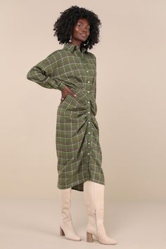 Cooler days always get us searching for the perfect fall looks, like the Lulus Seasonal Spirit Green Plaid Ruched Long Sleeve Midi Dress! Lightweight woven fabric boasts a timeless plaid pattern as it shapes long sleeves (with button cuffs) and a collared neckline. Functional button placket runs the length of the dress, across a fitted waist and a strategically ruched skirt that finishes at a midi hem. Fit: This garment fits true to size. Length: Mid-calf length. Size medium measures 47" from sh Midi-length Plaid Dress For Fall, Fall Gingham Plaid Midi Dress, Fall Plaid Midi Dress, Plaid Long Sleeve Dress For Daywear, Plaid Midi Length Dress For Daywear, Plaid Midi Dress For Daywear, Casual Plaid Ruched Dress, Casual Ruched Plaid Dresses, Ruched Skirt