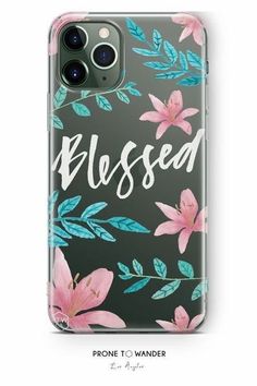 an iphone case with the words, blossom on it and pink flowers in green background