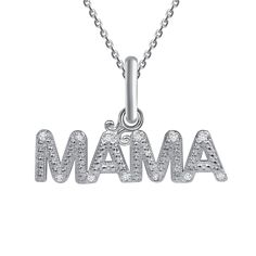 The Mama necklace makes a perfect gift for all mothers or mothers-to-be. This elegant pendant includes twelve 1.0mm diamonds. Show how much you appreciate the mothers in your life with this "MAMA" necklace. Product Information Metal Type: 10k or 14k Yellow/Rose/White Gold Stone InformationStone: DiamondSize: 1.0mm SKU: TKM375 White Gold Birthstone Necklace For Anniversary On Mother's Day, Mother's Day Diamond Jewelry Gift For Mom, White Gold Diamond Jewelry For Mom, White Gold Diamond Jewelry For Mom's Gift, White Gold Necklaces For Mother's Day Personalized Gift, Personalized White Gold Necklace For Mother's Day, Diamond Jewelry For Mother's Day Gift, White Gold Pendant Birthstone Necklace For Mother's Day, Fine Jewelry Name Necklace For Anniversary And Mother's Day