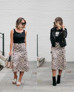 Leopard Print Slip Skirt Outfit, Slip Skirt Styling, Black Midi Skirt Outfit Spring, Satin Slip Skirt Outfit Summer, Cool Mom Fashion, Slip Skirt Outfit Spring, Cheetah Midi Skirt Outfit, Black Skirt Outfit Casual, Leopard Print Midi Skirt Outfit