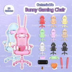 the bunny gaming chair is set up in different colors and sizes, including pink, blue,