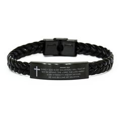 "Early Black Friday Deals - Get 20% Off Now! Christian - Bible Verse - Isaiah 12:2 - Surely God Is My Salvation; I Will Trust And Not Be Afraid. The Lord, The Lord Himself, Is My Strength And My Defense; He Has Become My Salvation. Engraved Black Stainless Steel Braided PU Leather Bracelet It may sound like a small thing, but our Bible Verse Bracelet is one of the best gifts you could give! This Bracelet is perfect for any Christian with their favorite verse. This Bible Verse bracelet is a beaut Coworkers Gifts, Braided Rope Bracelet, Bracelet Inspiration, Bracelet Christmas, Birthday Bracelet, Engraved Stainless Steel, Christmas Bracelet