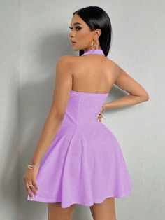 Upgrade your style with our Flaunt Your Figure dress! Designed with a halter neck and solid color, it offers a sleek and flattering look. Made from high-quality materials, this dress is comfortable and perfect for any occasion. Elevate your wardrobe and make a statement with our Flaunt Your Figure dress. Color : Purple Style : Sexy Details : Backless, Knot Type : A Line Pattern Type : Plain Sleeve Length : Sleeveless Neckline : Halter Waist Line : Natural Hem Shaped : Flared Length : Short Fit T Summer Halter Neck Dress With Back Zipper, Summer Halter Dress With Back Zipper, Summer High Neck Dress With Back Zipper, High Neck Summer Dress With Back Zipper, High Neck Dresses With Back Zipper For Summer, High Neck Dress With Back Zipper For Summer, Summer Dresses With Back Zipper In Solid Color, Solid Summer Dresses With Back Zipper, Summer Dresses With Back Zipper