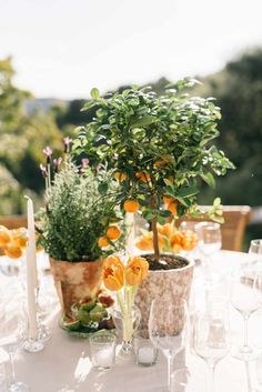 an outdoor table set with orange flowers and wine glasses, candlesticks and place settings