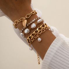 Metal Color: Gold Set 12 Bracelet Couple, Couple Jewelry, Layered Bracelets, Hand Jewelry, Rhinestone Bracelet, Heart Bracelet, Baroque Pearls, Chain Link Bracelet, Crystal Bracelets