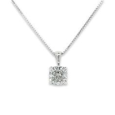 3-Carat Cushion Cut Solitaire Diamond Pendant in 14K Solid White Gold, IGI Certified Lab Grown Diamond Single Pendant | E-J color / VS1-VS2 clarity.  Simple, yet classy. Shop the perfect gift that can't go wrong. A solitaire cushion cut lab-grown diamond mounted in a classic 4-prong white gold mounting. Set in 14k white gold. Fixed with a 4mm bail that fits a variety of chains up to 3.5mm.  Comes with an adjustable length 2mm thick box chain in 14k white gold.  Details:  - Metal: 14-karat gold - Luxury White Gold Square Pendant Solitaire Necklace, Yellow Gold Radiant Cut Necklace For Formal Occasions, Radiant Cut Yellow Gold Necklace For Formal Occasions, Formal Yellow Gold Radiant Cut Necklace, Diamond White Solitaire Necklace For Formal Occasions, Platinum Diamond Necklace With Brilliant Cut, Formal Solitaire Diamond Cut Necklace, Exquisite Solitaire Necklace For Formal Occasions, Elegant Radiant Cut Diamond Necklace For Formal Occasions