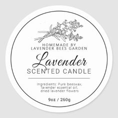 lavender scented candle sticker with the label in black and white on a grey background