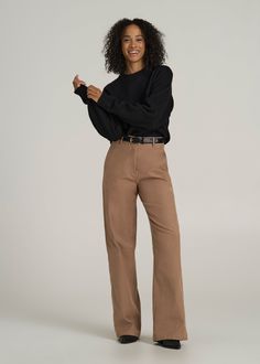 High Rise Wide Leg Flat Front Chino Pants for Tall Women | American Tall Tall Work Pants Women, Tall Pants For Women, Wool Pants Women, Tall Women Fashion 6 Foot, Pants For Tall Women, Look Wide Leg, Tall Girl Outfits, Tall Women Fashion, Feeling Secure