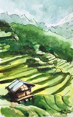 a watercolor painting of a house in the middle of a green field with mountains behind it