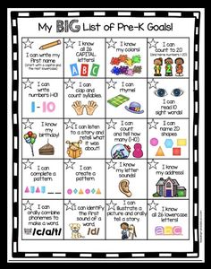 the big list of pre - k goals with pictures and words to help students learn how to