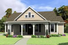 this is a computer rendering of the front elevation of these small houseplans and porches