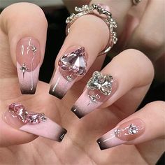 24pcs Sparkly Diamond False Nail French Long Coffin Press on Nails for Nail Art Black French Tips, Nagel Tips, Nail Type, Fake Nails With Glue, Pearl And Lace, Nail Length, Diamond Nails, Crystal Nails, Rhinestone Designs