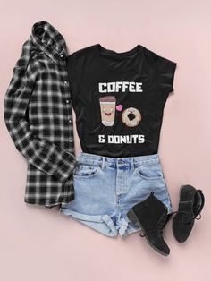 Coffee & Donuts T-shirt For Women Coffee Shirt Coffee Tee | Etsy Edgy Outfits Casual, Pajamas For Teens, Vegan Clothing, Vegan Shirt, Trendy Swimwear, Tween Outfits, Coffee Shirts, Womens Pyjama Sets, Pajama Set Women