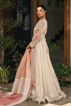 Runa Pink Raw Silk Dress With Floral Embroidery, Off White Anarkali Gown With Dupatta, Anarkali Set With Floral Embroidery In Tissue Silk, Cream Anarkali Gown In Georgette, Cream Anarkali Georgette Gown, Off White Floor-length Gown With Dupatta, Bollywood Off White Dresses With Sheer Dupatta, Anarkali Style Off White Choli For Eid, Georgette Lehenga With Floral Embroidery For Reception