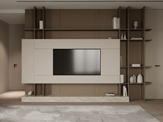 an empty living room with a large tv on the wall and shelving in front of it