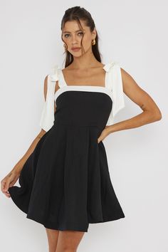 Jeanie Bow Shoulder Mini Dress Black by Selfie Leslie Bow Shoulder Dress, Spring A-line Mini Dress With Bow Straps, A-line Mini Dress With Bow, Elegant A-line Mini Dress With Bow, Elegant Black Mini Dress With Bow Straps, Black Knee-length Mini Dress With Bow, Hoco Dresses, White Bow, Grad Dresses