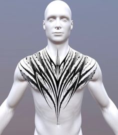 a white mannequin with black and white designs on it's chest, standing in front of a gray background