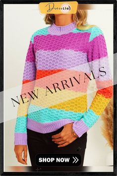 Multicolor Stitch Long Sleeve Pullover Knit Sweater Striped Color Block Tops For Winter, Multicolor Color Block Top For Fall, Colorful Patchwork Long Sleeve Sweater, Colorful Long Sleeve Casual Sweater, Colorful Patchwork Casual Sweater, Fall Color Block Turtleneck Tops, Fall Patchwork Turtleneck Sweater, Colorful Casual Patchwork Sweater, Multicolor Color Block Sweater For Spring