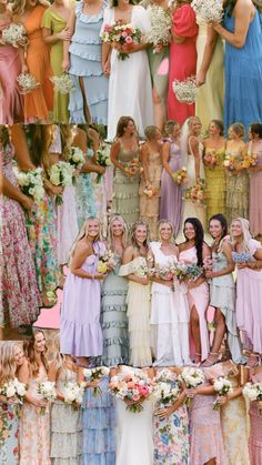 a large group of women standing next to each other in different colored dresses and bouquets