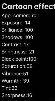 the text on the screen says, carbon effect app camera roll exposure 104 shadows 17 contrast