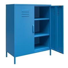 a blue metal storage cabinet with shelves