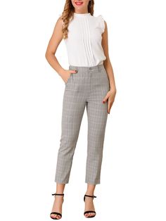 Tailored High Waist Work Pants, Office Work Pants With Pockets, Ankle-length, Office Work Pants With Pockets And Ankle-length, Ankle-length Work Pants With Pockets, Ankle-length Work Pants With Welt Pockets For Office, Cropped Leg Dress Pants For Business Casual In Fall, Office Work Pants Ankle-length With Welt Pockets, Office Work Pants With Welt Pockets, Ankle Length, Fall Cropped Leg Dress Pants For Business Casual