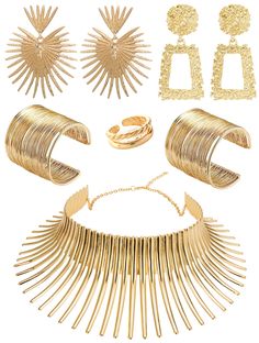 PRICES MAY VARY. 【African Jewelry Set】:African jewelry set contains 1 pcs collar necklace, 2 pair of metal star earrings,1 piece gold ring and 1 pair gold bangle. Unique design,tribal style,can match your different style clothing. 【Appropriate Size】: African Choker Necklace Inner Diameter: 13.5cm (5.31 inch), with adjustable extension chain, suitable for most women, Metal Star Earrings: 55*70mm (2.16*2.7 inch),Cuff bangle width is 5.4cm(2.13inch),Gold Statement earring:4.4cm(1.73in)*2cm(0.79in). Adjustable Alloy Jewelry Sets For Parties, Metal Halloween Party Jewelry, Adjustable Gold Jewelry For Halloween, Costume Jewelry Metal Sets For Party, Metal Costume Jewelry Sets For Party, Halloween Party Choker Jewelry, Adjustable Costume Jewelry Sets For Party, Costume Jewelry For Party In Metal, Party Costume Jewelry In Metal