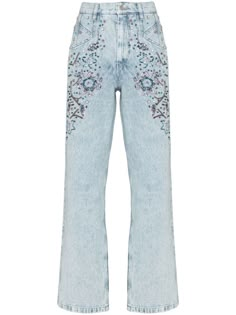 floral-embroidered straight-leg jeans from ISABEL MARANT featuring light blue, purple, cotton, bead embellishment, sequin embellishment, belt loops, front button and zip fastening, classic five pockets and straight leg. | Isabel Marant Floral-Embroidered Straight-Leg Jeans Luxury Jeans For Women, Isabel Marant Jeans, Embroided Jeans, Beaded Jeans, Luxury Jeans, Look Boho Chic, Rich Clothes, Bead Embellishment, Sequin Embellishment