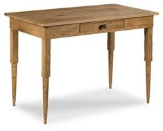 a wooden table with two drawers on one side and an open drawer on the other