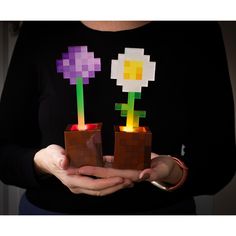 a woman holding two small blocks with flowers on them in front of the camera, both made out of legos